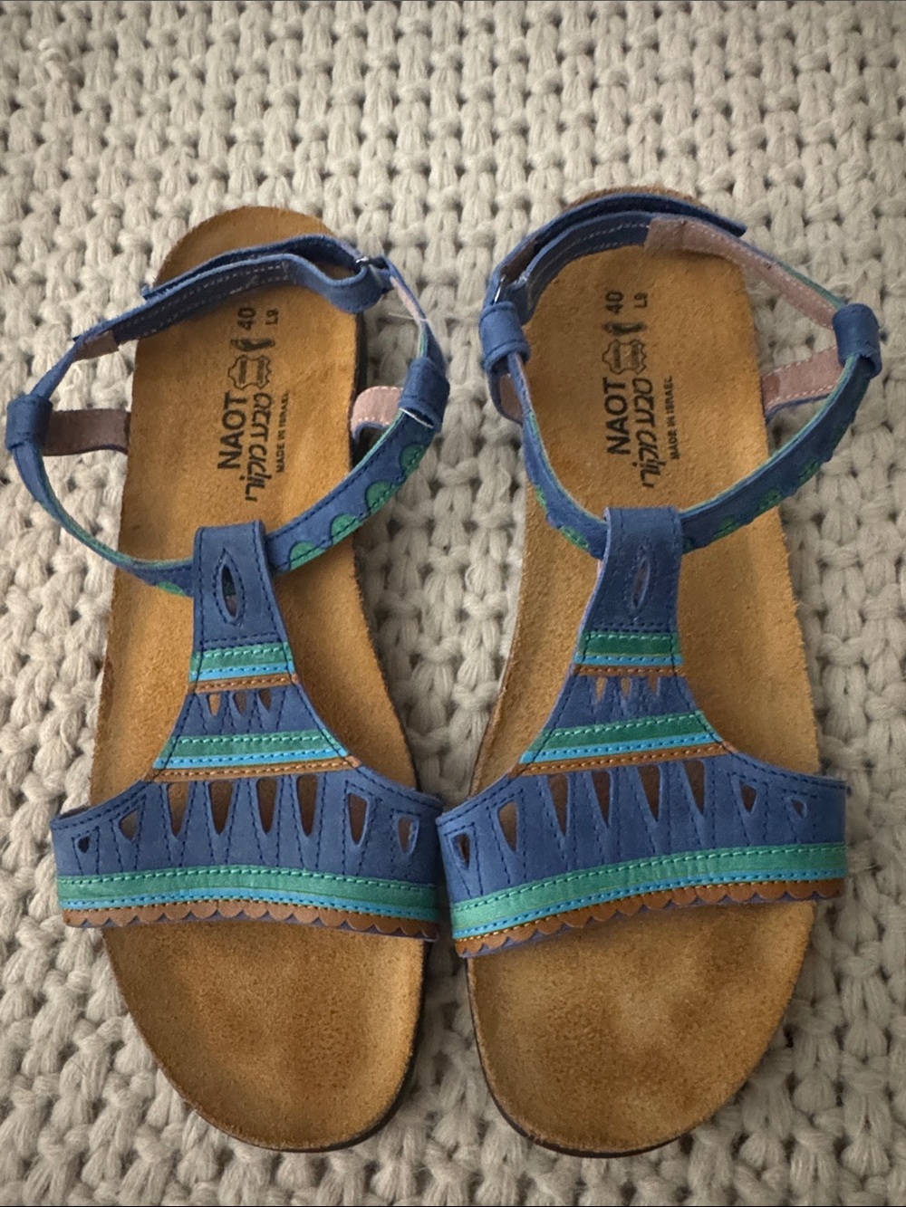 Naot Blue Leather T-Strap Sandals with Green Trim size 40